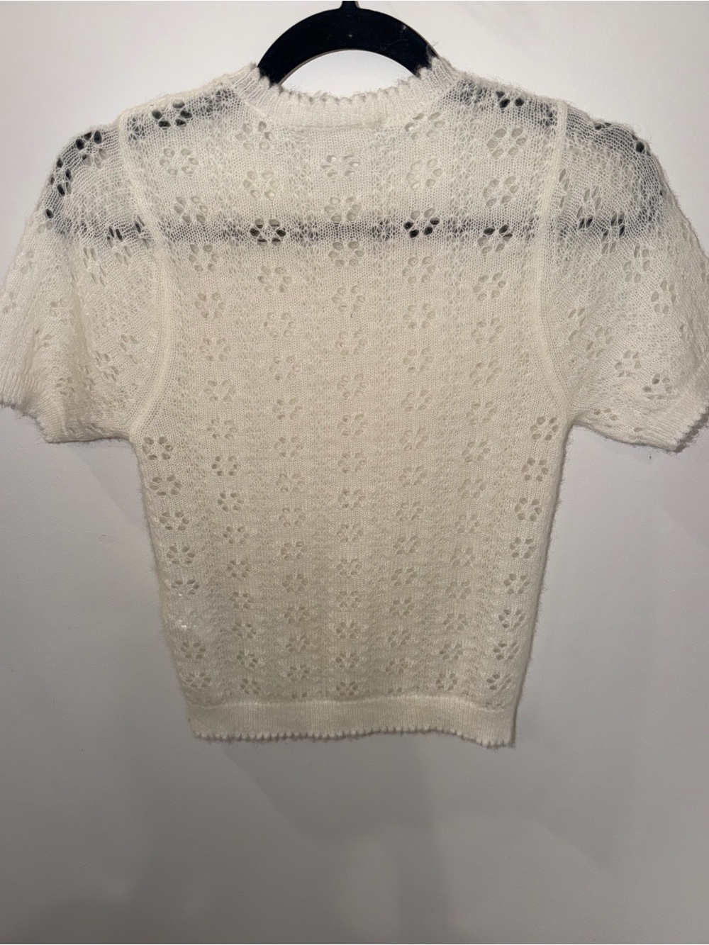 DÔEN Monica Alpaca Wool Pointelle Short Sleeve Sweater - Ivory/Swan XS - Picture 9 of 12